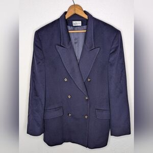Vtg Augustus 100% Italian Cashmere Navy Double Breasted Women's Blazer Size 14
